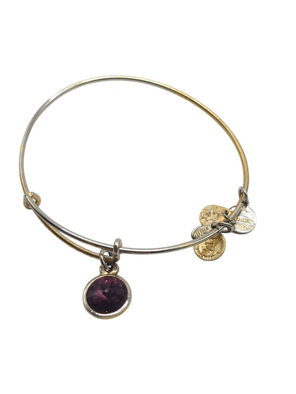 Alex And Ani Silver Tone Expandable Bangle Bracelet With Purple Crystal Charm
